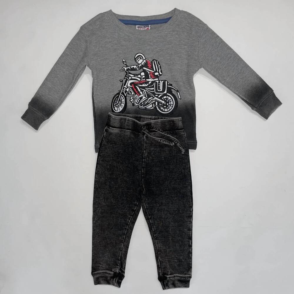 NEW LITTLE MISH kids' motorcycle long sleeve & jogger pant set in grey